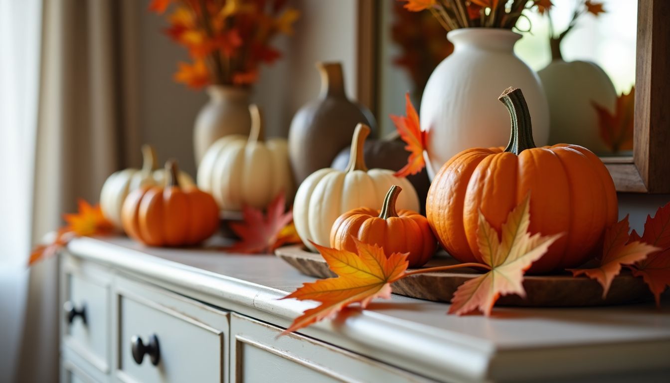 Ein herbstlich dekorierter Schrank mit Kürbissen, Flaschenkürbissen und bunten Herbstblättern schafft eine warme und einladende Atmosphäre.