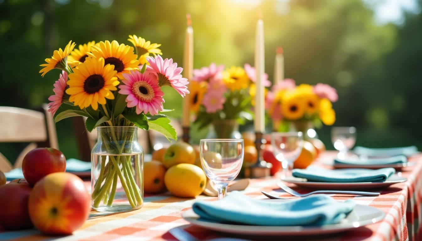 Ein schön gedeckter Sommertisch mit frischen Blumen und Obst als Mittelpunkt, ideal für ein Treffen.