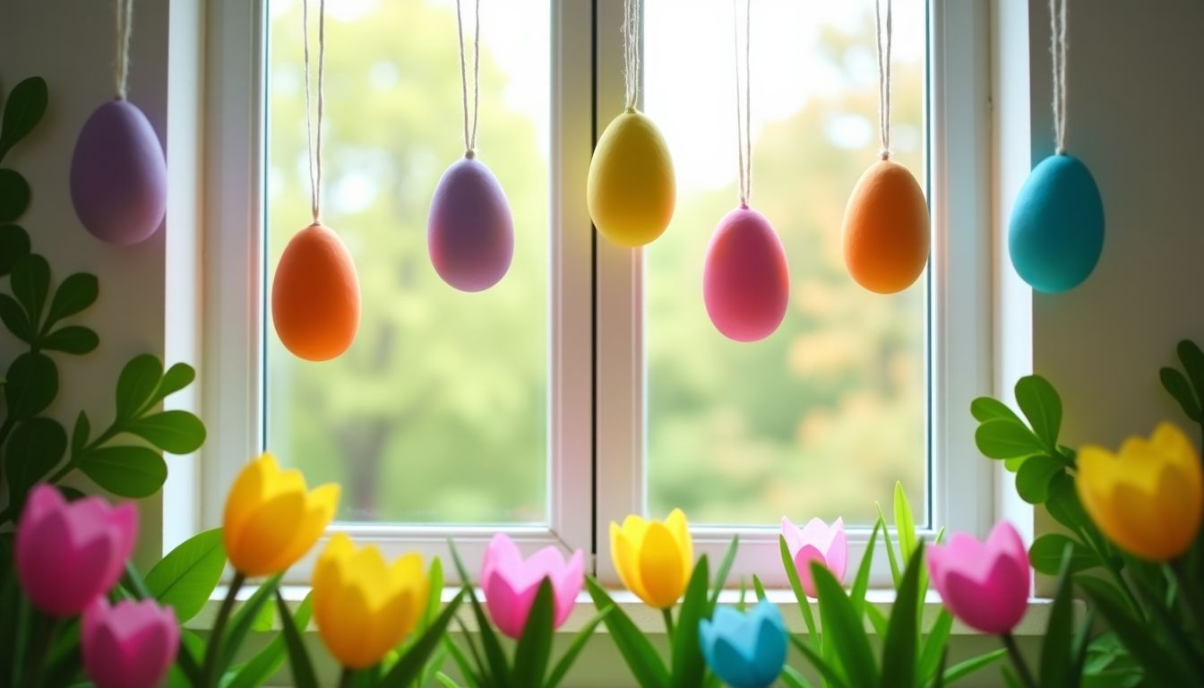 Das Foto zeigt ein mit bunten Papier-Ostereiern dekoriertes Wohnzimmerfenster mit Frühlingsblumen. Das Foto zeigt ein mit bunten Papier-Ostereiern dekoriertes Wohnzimmerfenster mit Frühlingsblumen.