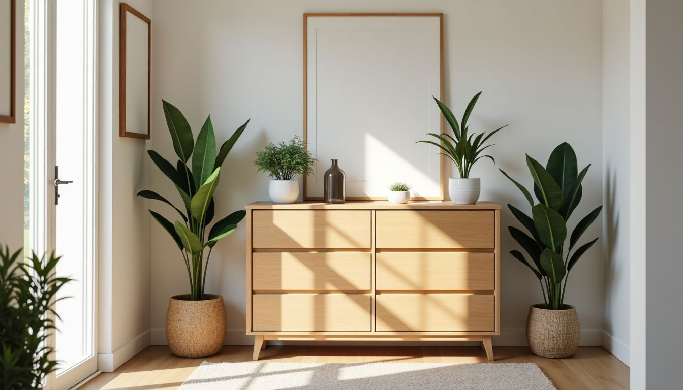 Ein stilvolles Sideboard in einem Flur mit dekorativen Gegenständen und Pflanzen.