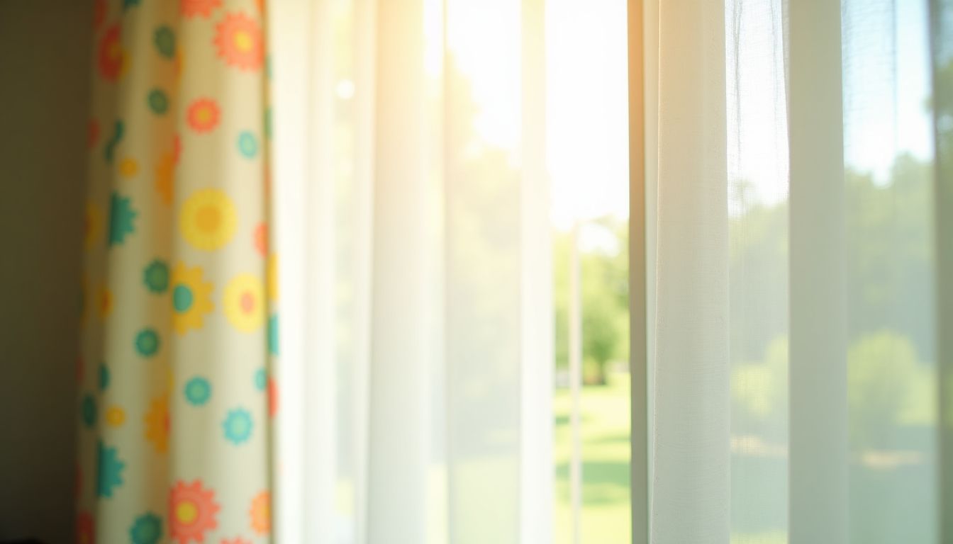 Dieses Bild zeigt bunte Baumwoll- und Leinenvorhänge, die sanft in einem sonnigen Raum wehen. Dieses Bild zeigt bunte Baumwoll- und Leinenvorhänge, die sanft in einem sonnigen Raum wehen.