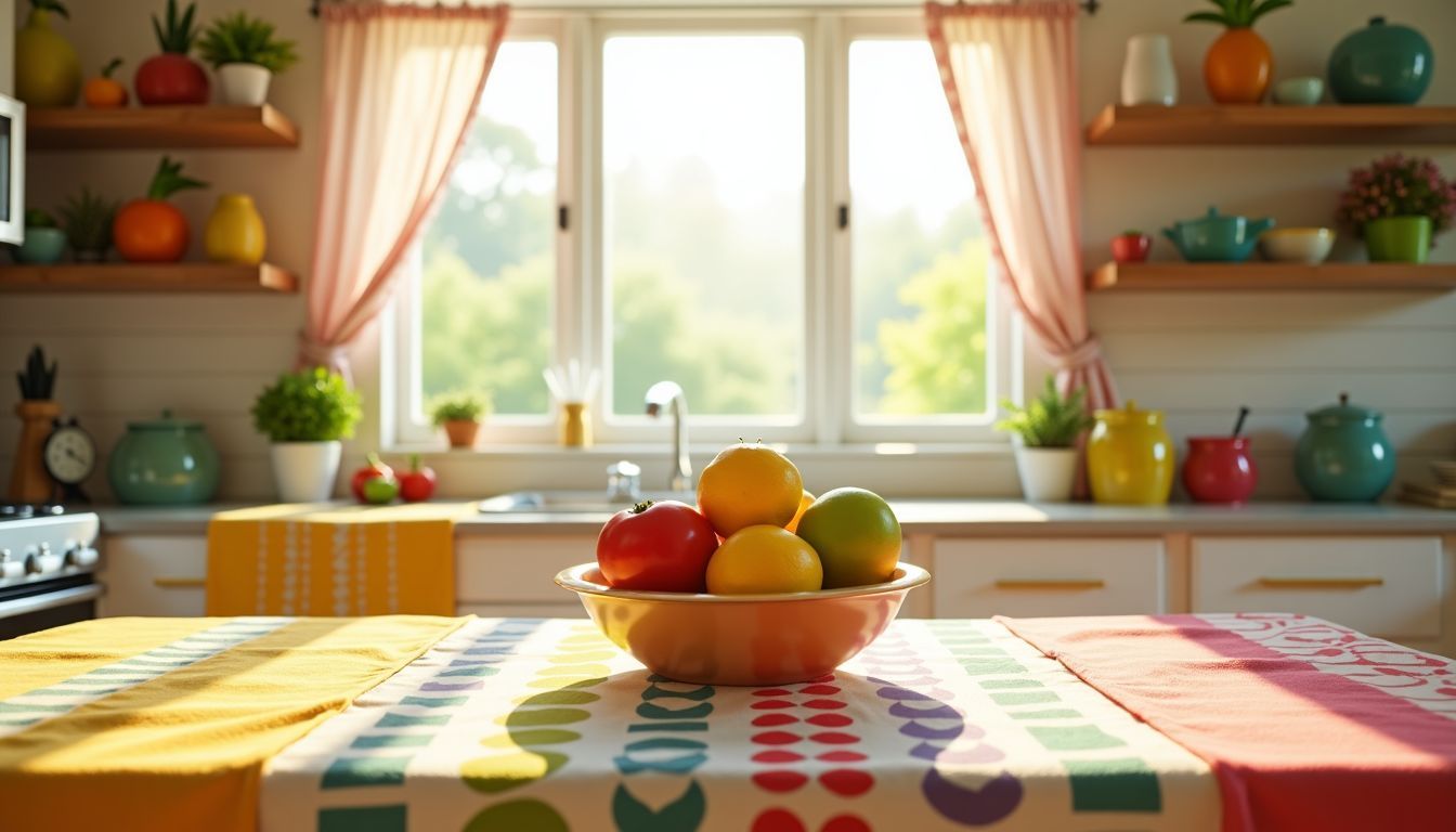 Eine fröhliche Küchenszene mit bunten Textilien und fruchtigen Dekorationen, ohne Menschen. Eine fröhliche Küchenszene mit bunten Textilien und fruchtigen Dekorationen, ohne Menschen.