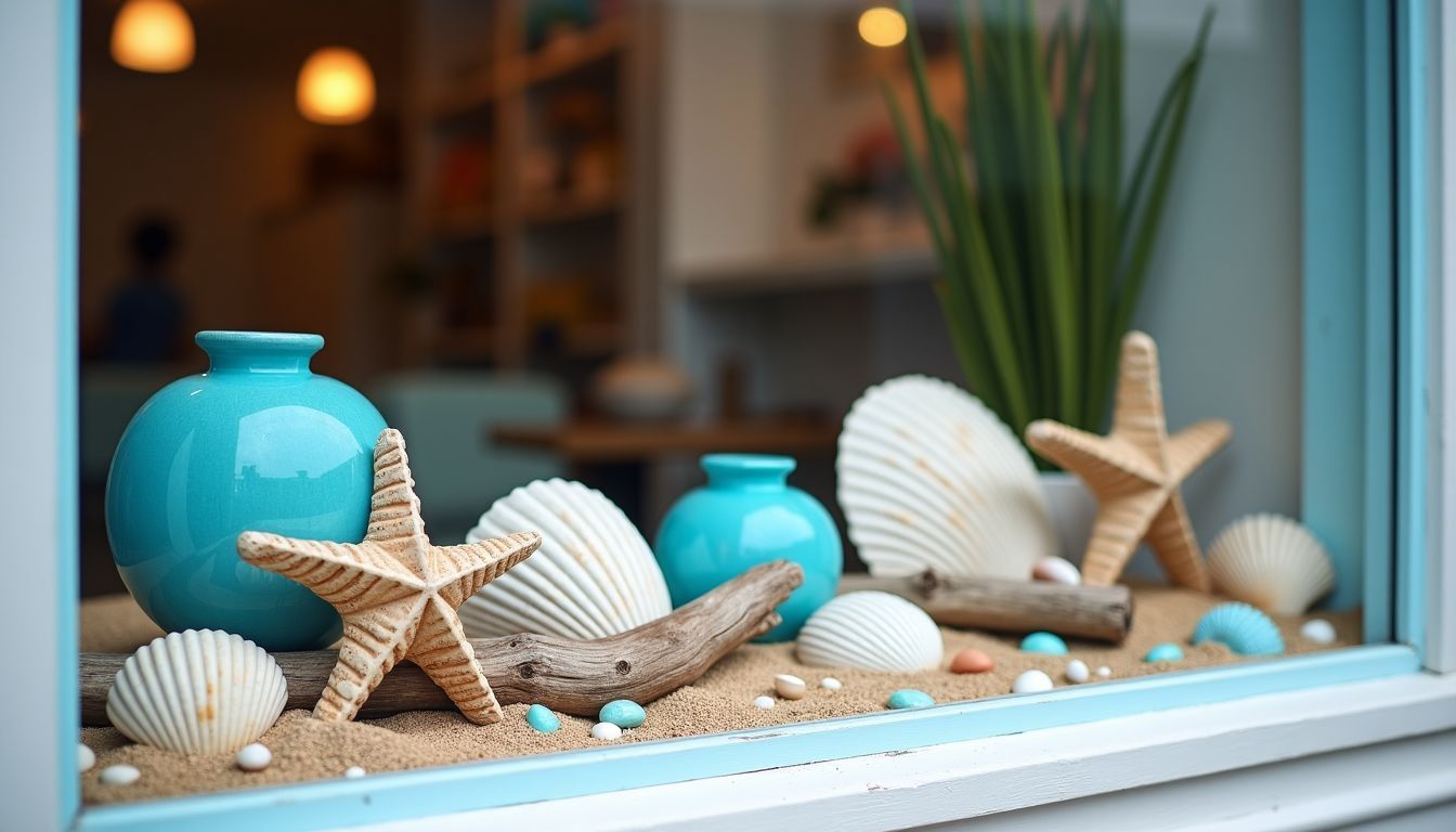 Eine strandthemenbezogene Schaufensterdekoration mit Muscheln, Treibholz und blauen Accessoires. Eine strandthemenbezogene Schaufensterdekoration mit Muscheln, Treibholz und blauen Accessoires.