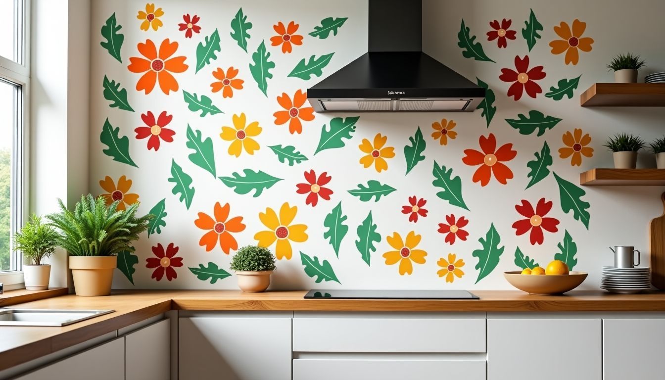 Eine Küchenwand ist mit einem lebhaften Blumenmusterdekal dekoriert, das einen frischen und fröhlichen Einrichtungsstil zeigt. Eine Küchenwand ist mit einem lebhaften Blumenmusterdekal dekoriert, das einen frischen und fröhlichen Einrichtungsstil zeigt.