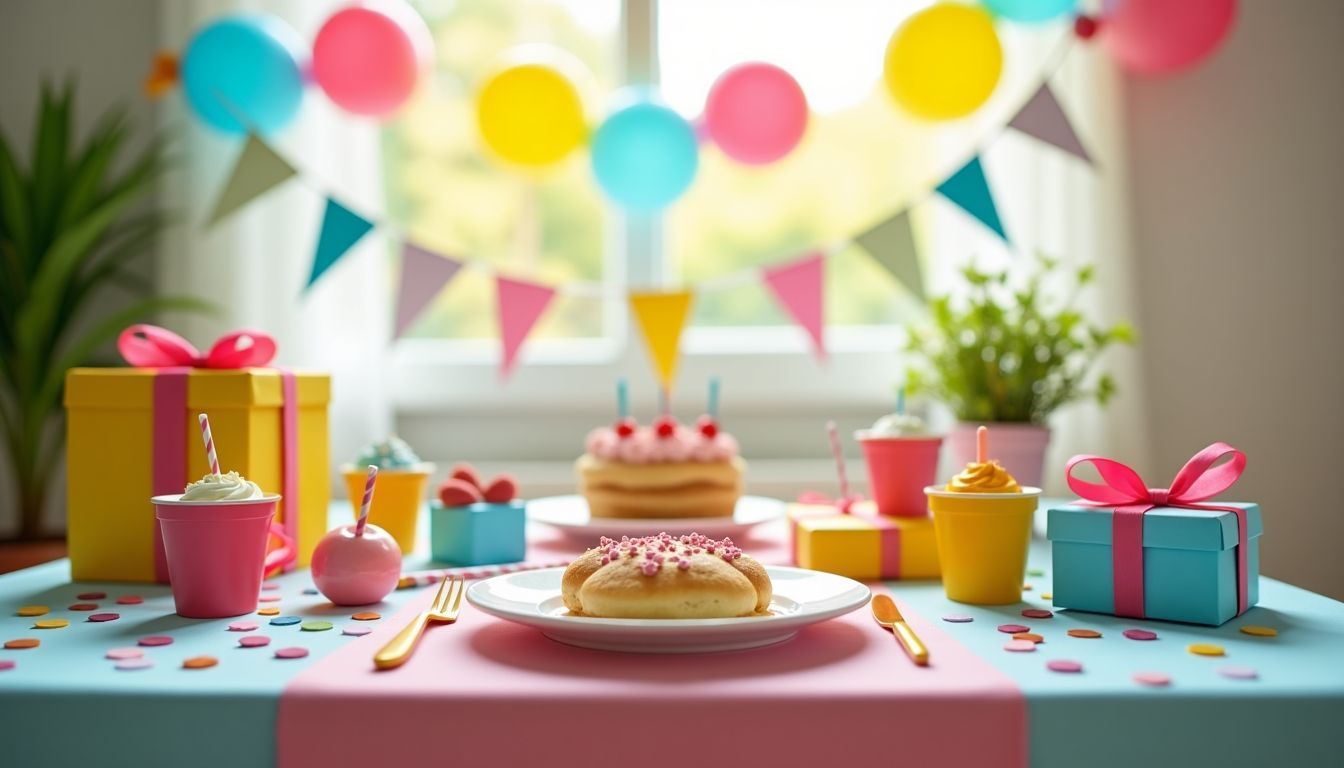 Eine festliche Kinderparty-Tischdekoration mit bunten Dekorationen und Geschenken. Eine festliche Kinderparty-Tischdekoration mit bunten Dekorationen und Geschenken.