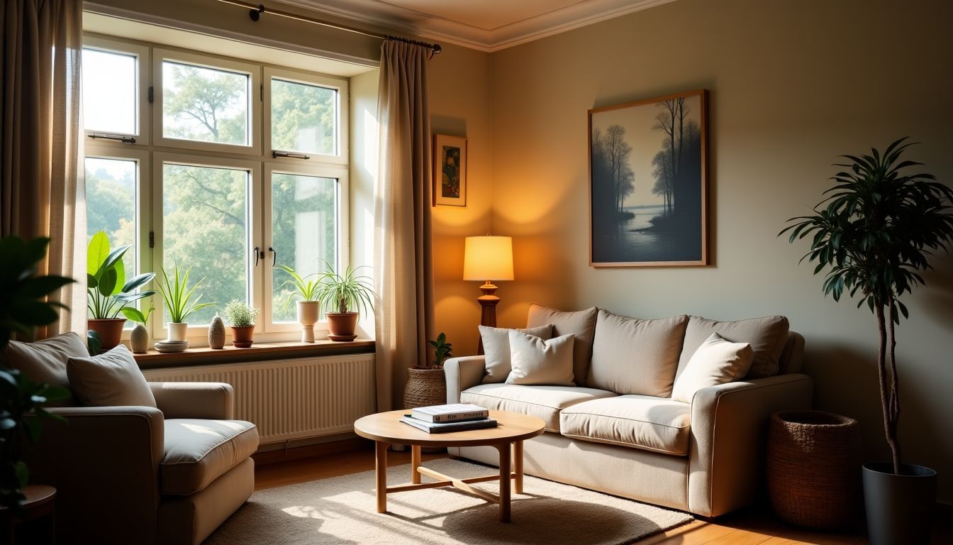 Ein gemütliches Wohnzimmer mit einer gut beleuchteten Leseecke und dekorativen Elementen.