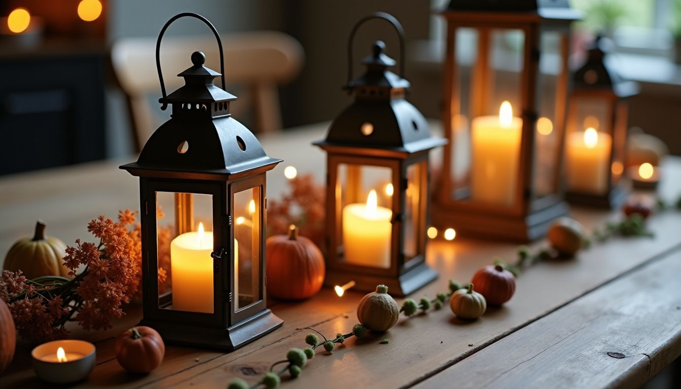 Eine rustikale Tischdekoration mit Vintage-Laternen und getrockneten Blumen. Eine rustikale Tischdekoration mit Vintage-Laternen und getrockneten Blumen.