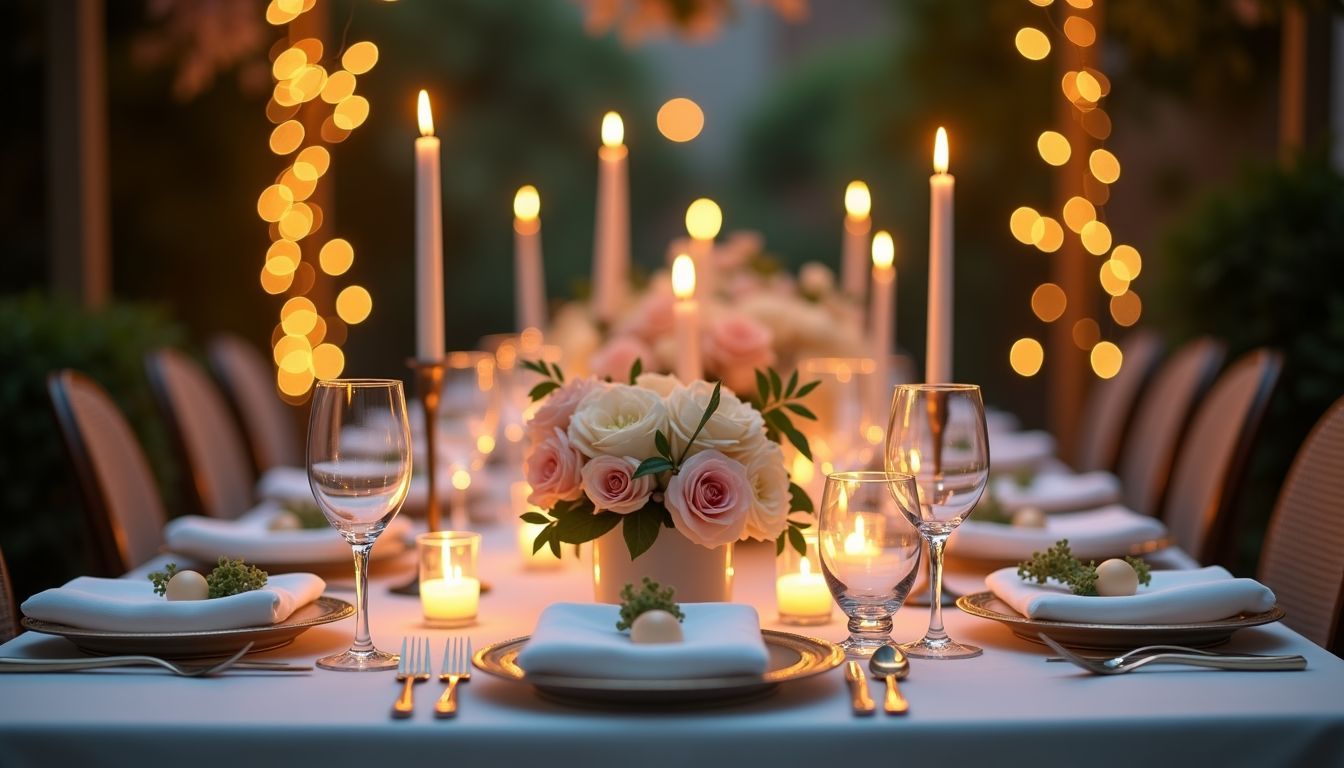 Eine charmante Hochzeitstafel mit romantischer Beleuchtung und eleganter Dekoration.