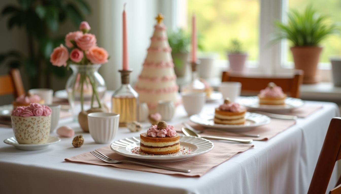 Der festlich dekorierte Geburtstagstisch mit kleinen Geschenken und Partyartikeln.