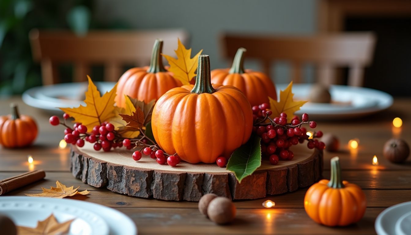 Ein rustikales Herbst-Tischdekoration mit Kürbissen, Blättern und warmen Lichtern.