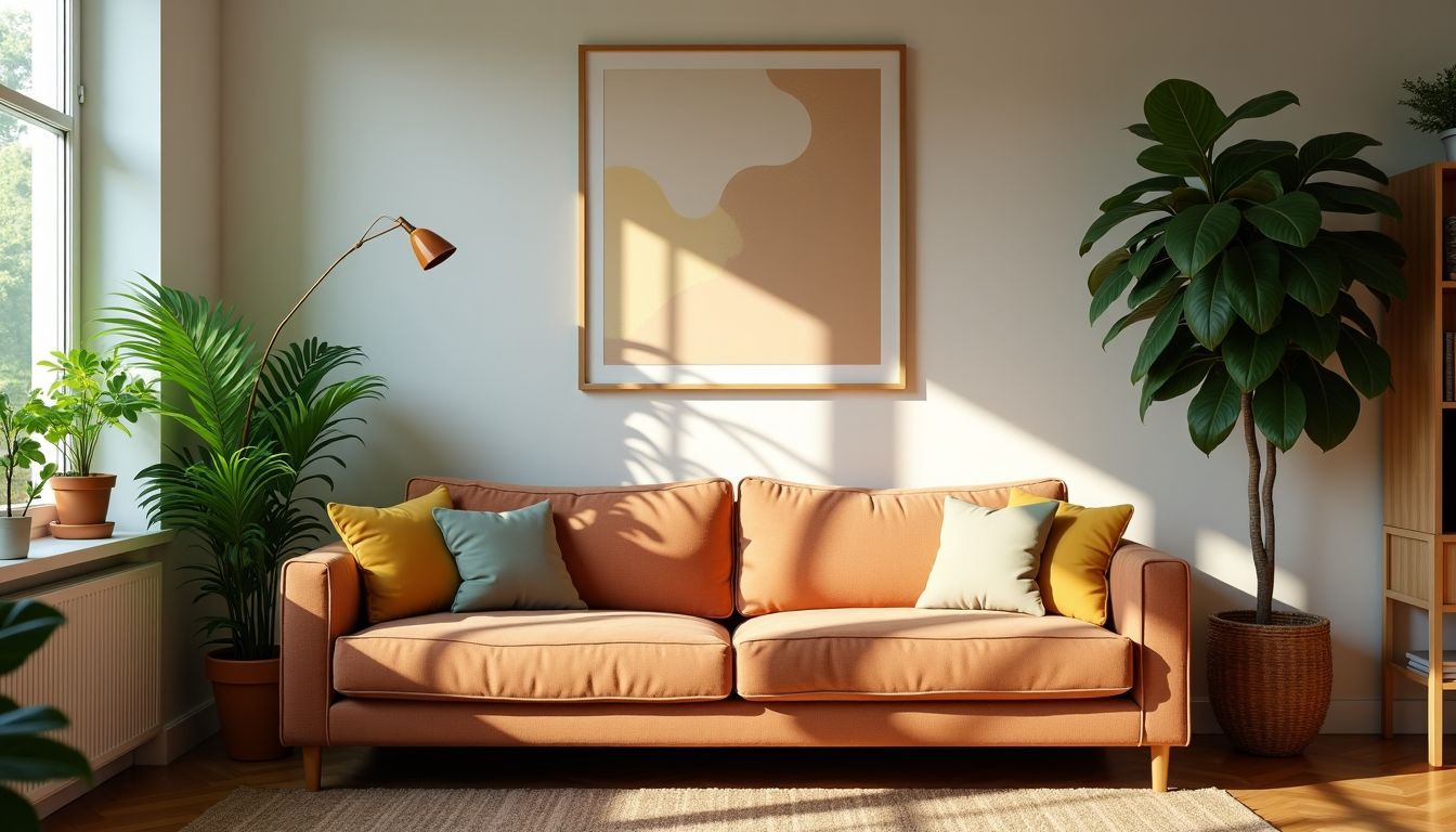 Ein gemütliches Wohnzimmer mit stilvoller Wandkunst und grünen Pflanzen. Ein gemütliches Wohnzimmer mit stilvoller Wandkunst und grünen Pflanzen.
