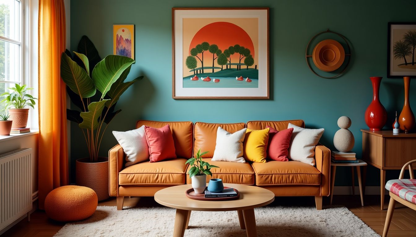 Gemütliches Wohnzimmer mit dekorativen Elementen und individueller Einrichtung. Gemütliches Wohnzimmer mit dekorativen Elementen und individueller Einrichtung.