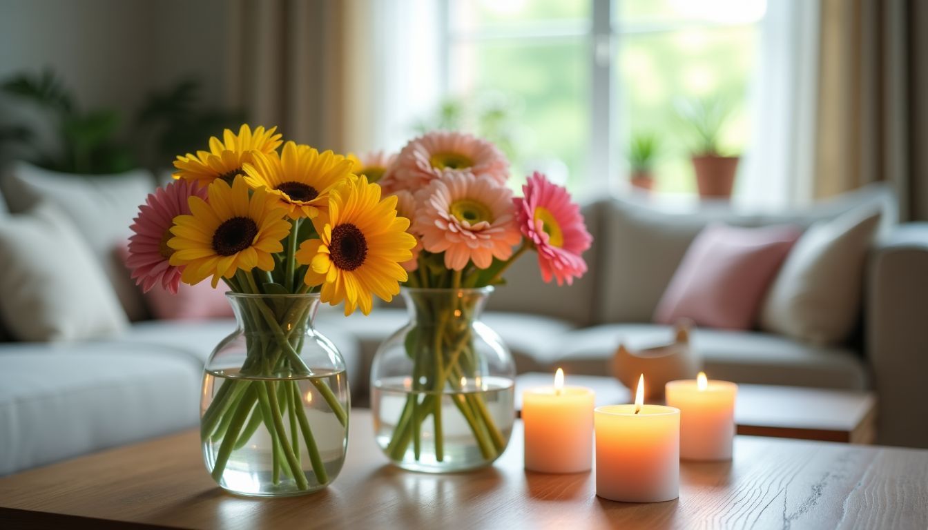 Ein gemütliches Wohnzimmer mit bunten Blumen und Kerzen. Ein gemütliches Wohnzimmer mit bunten Blumen und Kerzen.
