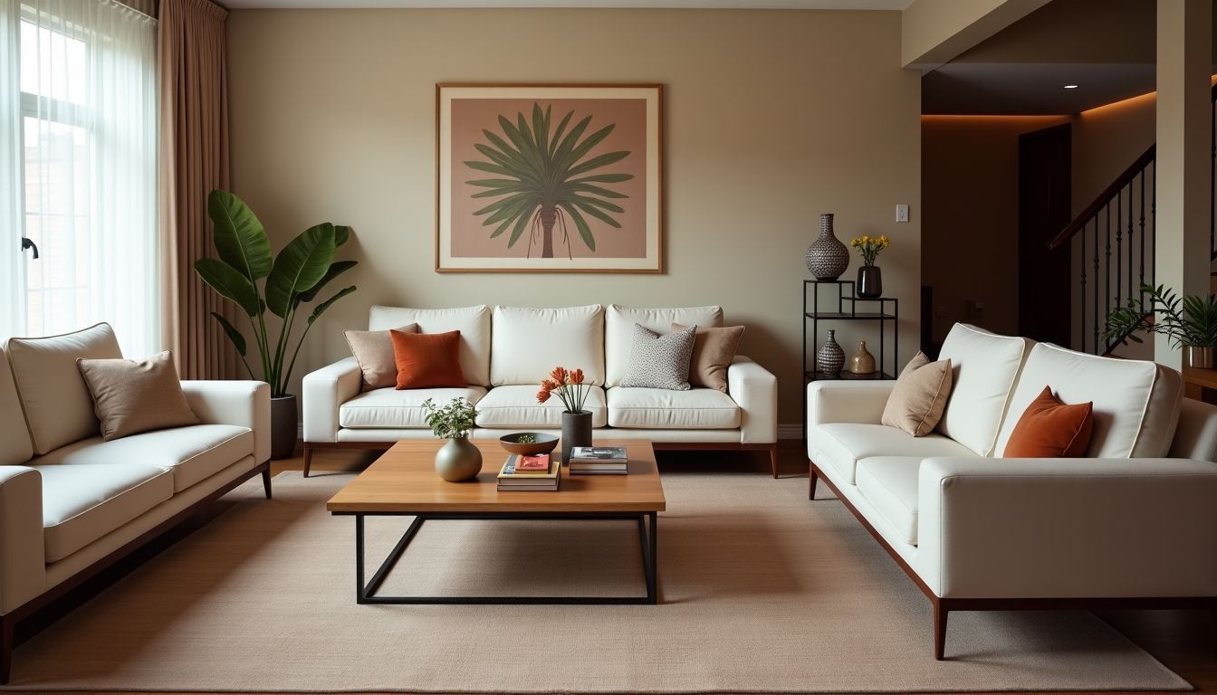 Moderne und stilvolle Wohnzimmerausstattung mit einladender Atmosphäre und einzigartiger Dekoration.