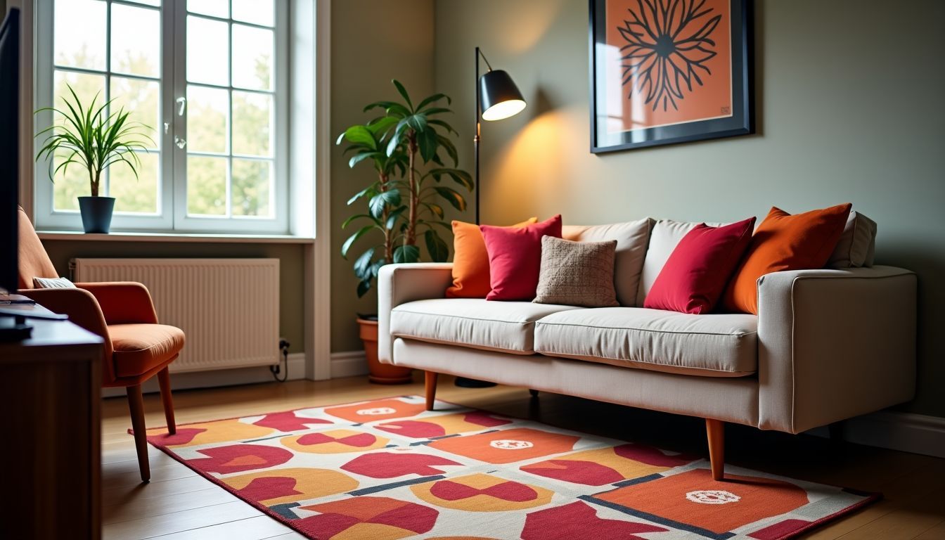 Ein gemütliches Wohnzimmer mit farbenfrohen Akzenten und modernen Möbeln. Ein gemütliches Wohnzimmer mit farbenfrohen Akzenten und modernen Möbeln.