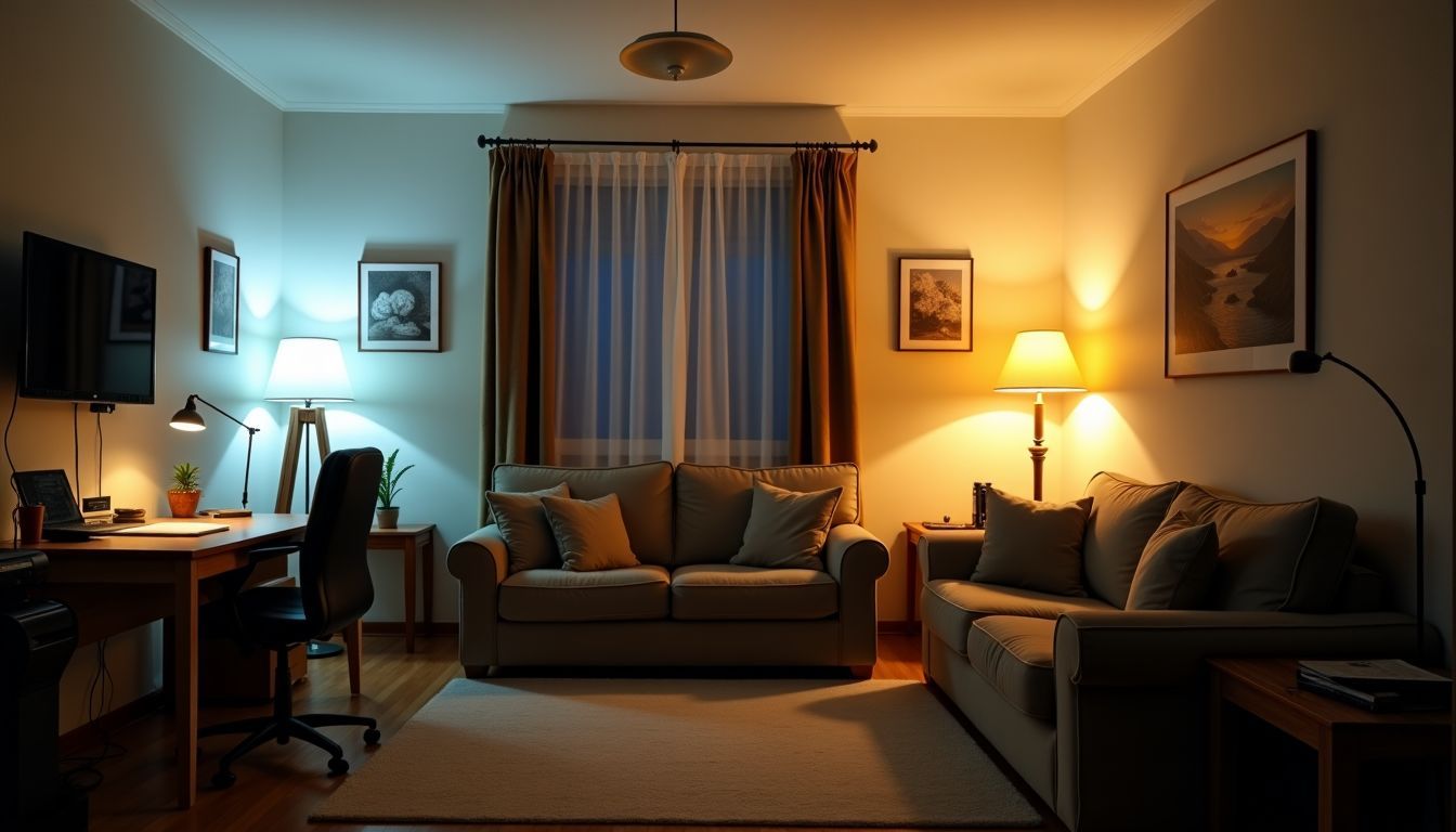 Ein gemütliches Wohnzimmer mit einem Arbeitsbereich für Produktivität.