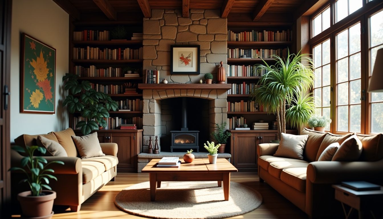 Ein gemütliches Wohnzimmer mit rustikalem Bücherregal und Büchern als Dekoration.