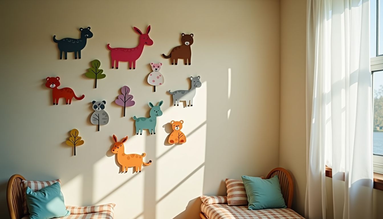 Ein lebhaftes DIY-Wanddekor mit handgemachten Papierfiguren und natürlichen Materialien in einem kinderzimmer.