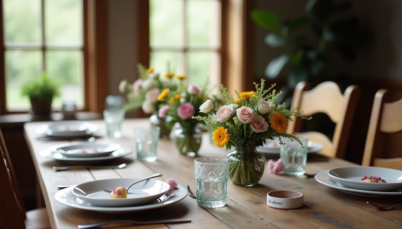 Eine rustikale Tischdekoration mit handgemachten Elementen und Blumenarrangements.