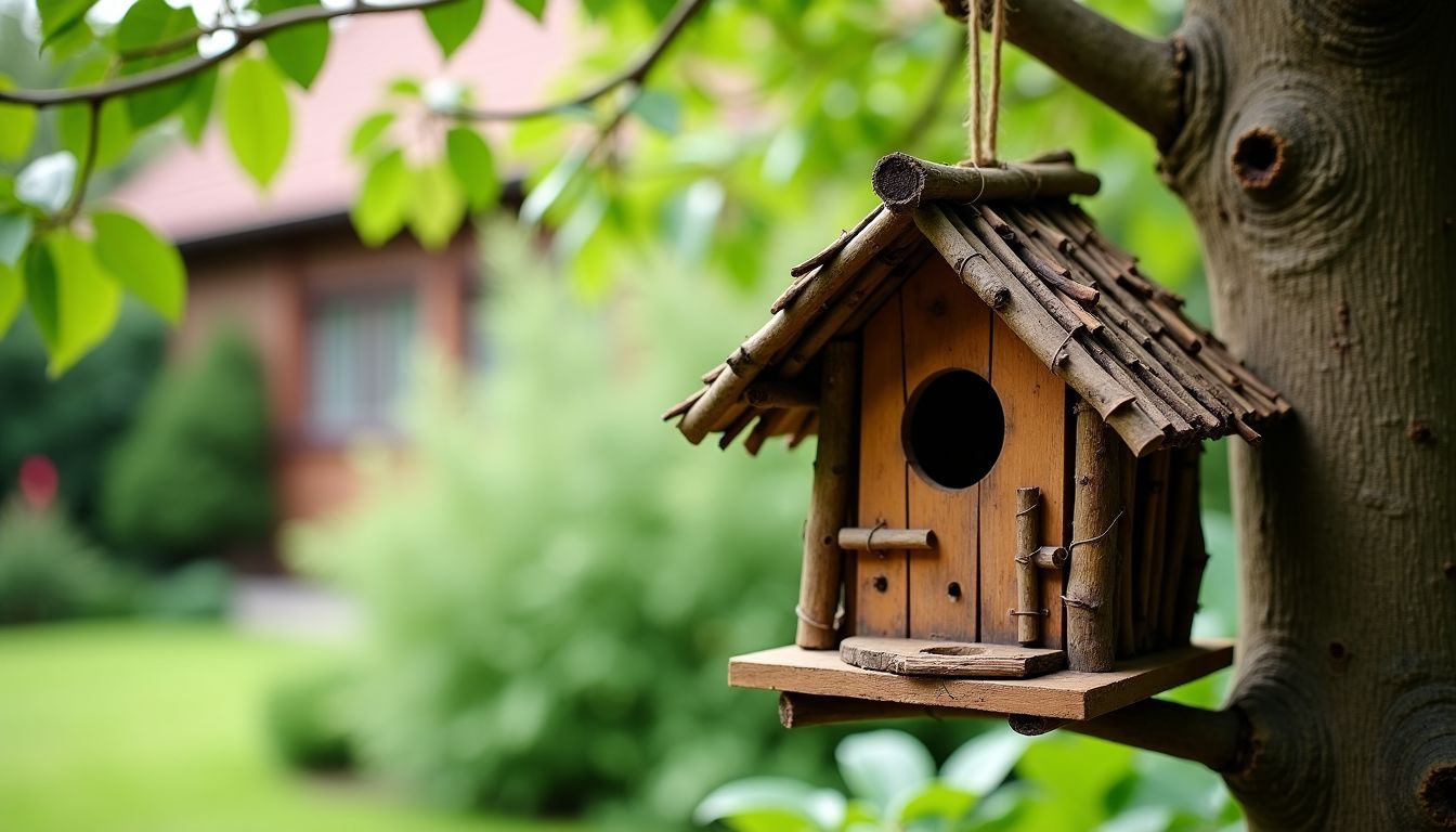 Ein rustikales, handgemachtes Vogelhaus in einem grünen Garten. Ein rustikales, handgemachtes Vogelhaus in einem grünen Garten.