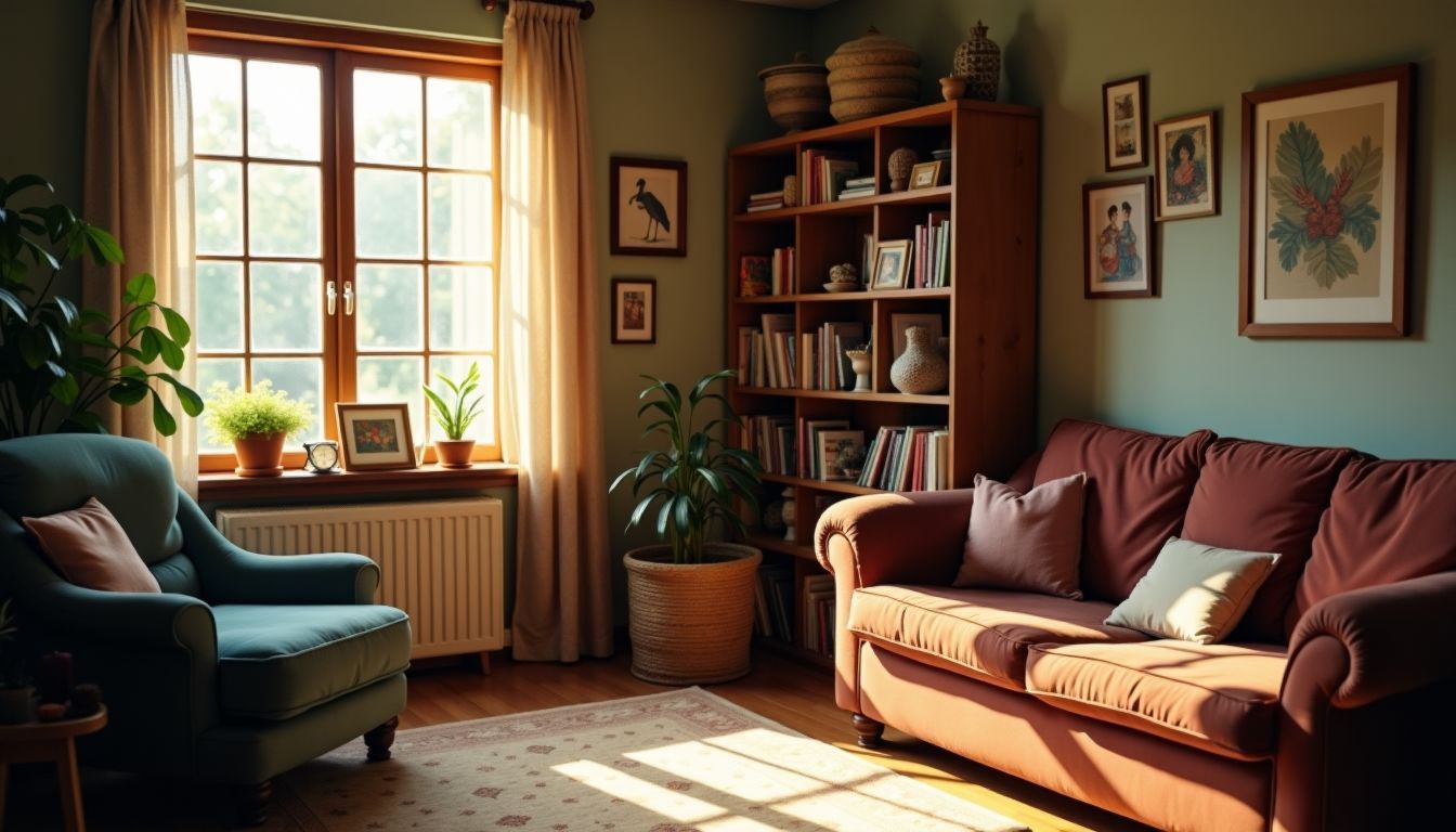 Ein gemütlicher Wohnzimmer-Winkel mit handgefertigten Dekorationen auf einem Holzregal.
