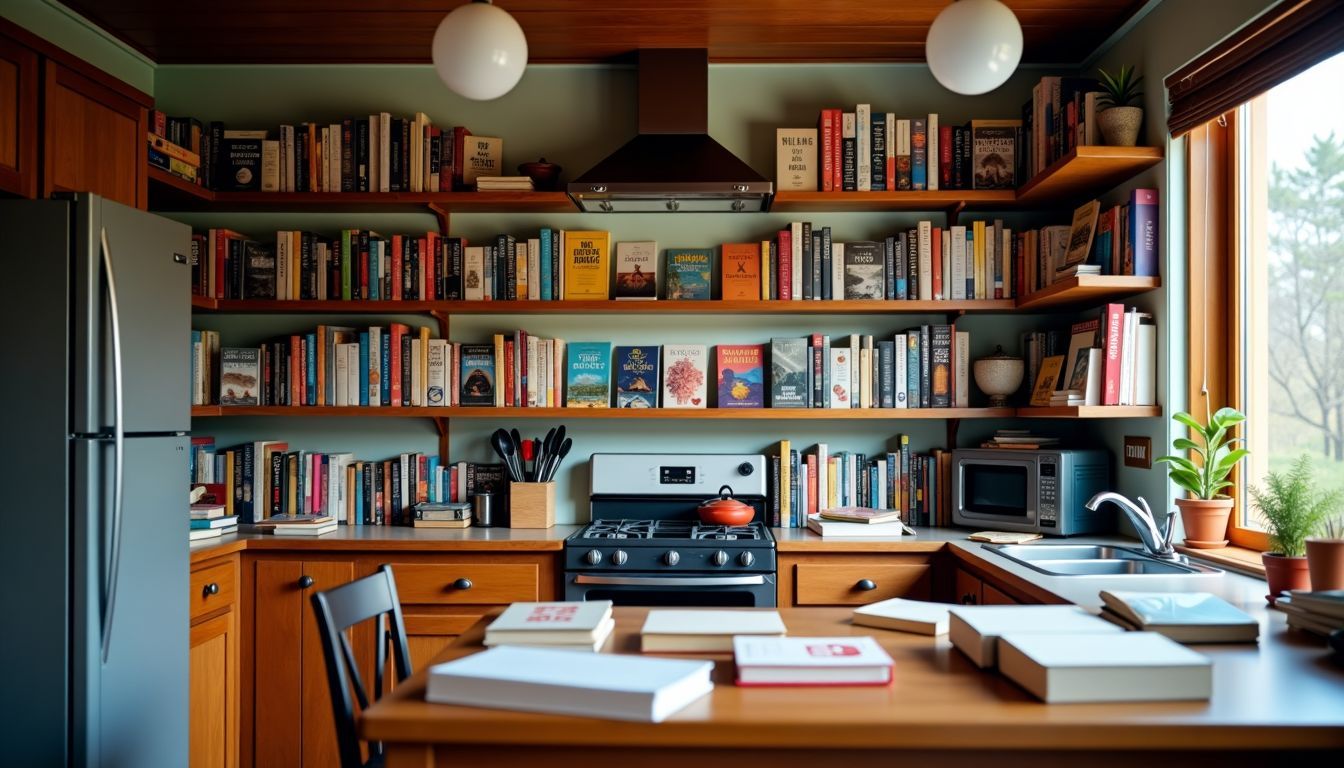 Ein gemütliche Küche mit Regalen voller Bücher schafft eine einladende Atmosphäre.