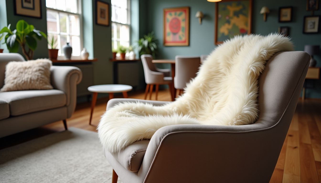 Ein gemütliches Wohnzimmer mit flauschigen Fellelementen und modernen Möbeln.