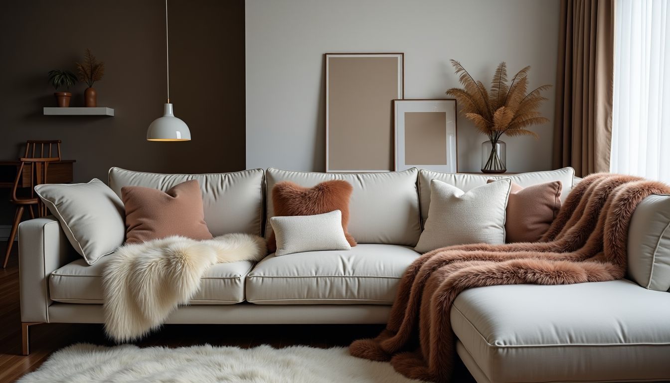Gemütliches modernes Wohnzimmer mit weichen Texturen und Möbeln.