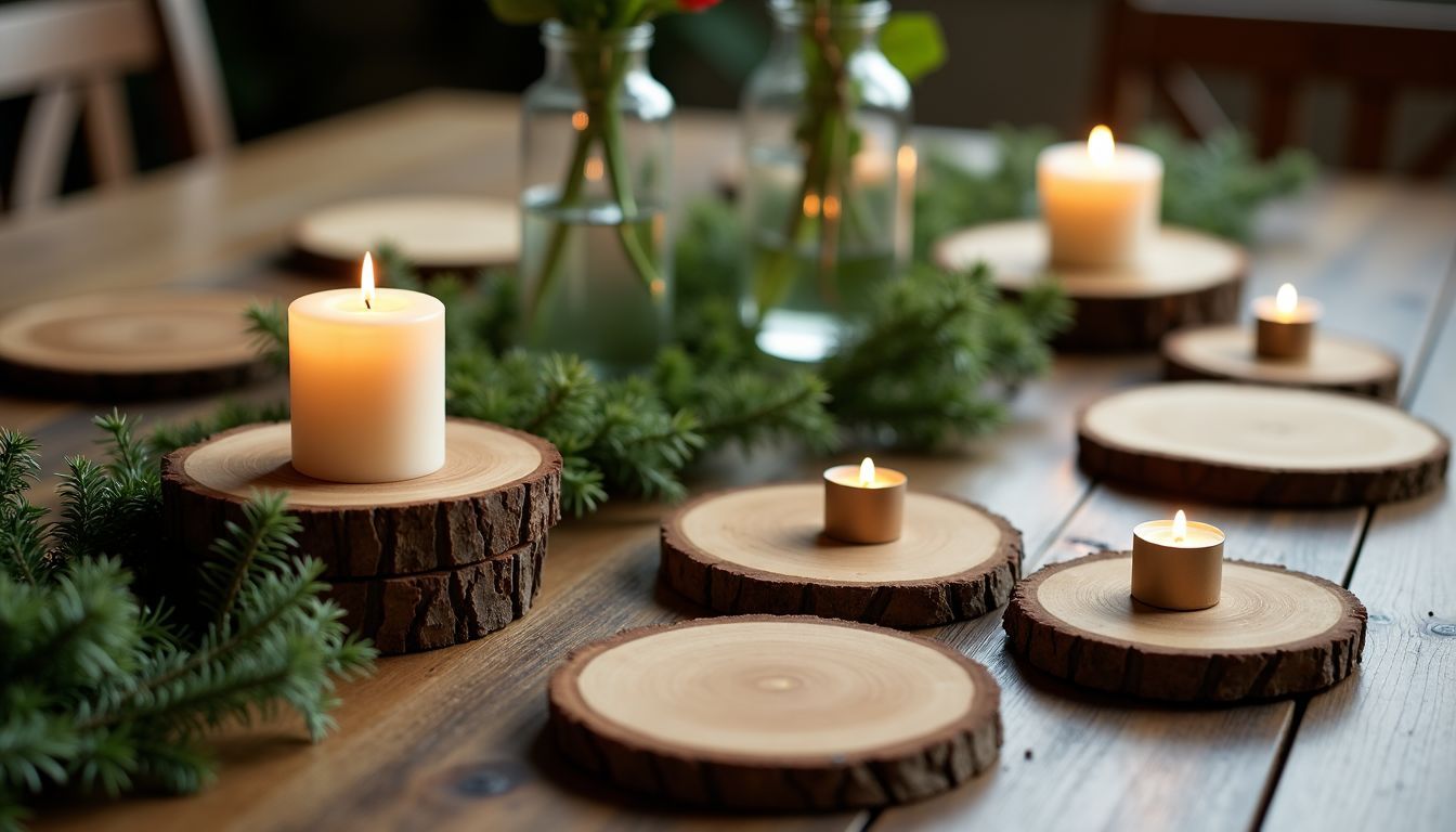 Eine dekorative Holztischarrangement mit Kerzen, Vasen und grünen Zweigen. Eine dekorative Holztischarrangement mit Kerzen, Vasen und grünen Zweigen.