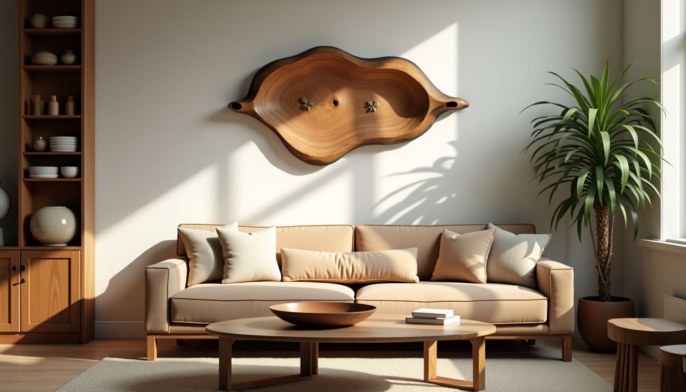 Eine gemütliche Ecke im Wohnzimmer mit rustikalem Holzdekor und handgefertigter Wandkunst.