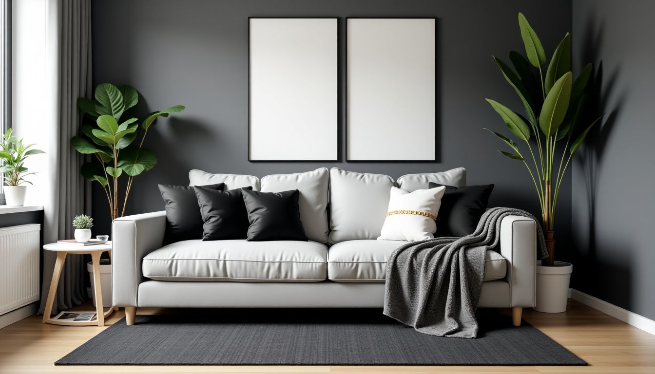 Modernes Wohnzimmer in Schwarz-Weiß-Grau-Tönen mit Akzenten und Pflanzen. Modernes Wohnzimmer in Schwarz-Weiß-Grau-Tönen mit Akzenten und Pflanzen.