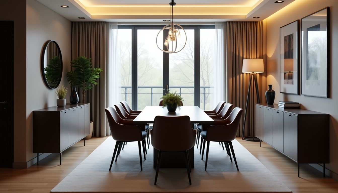 Ein modernes Esszimmer mit stilvollem Design und geschmackvoller Dekoration.
