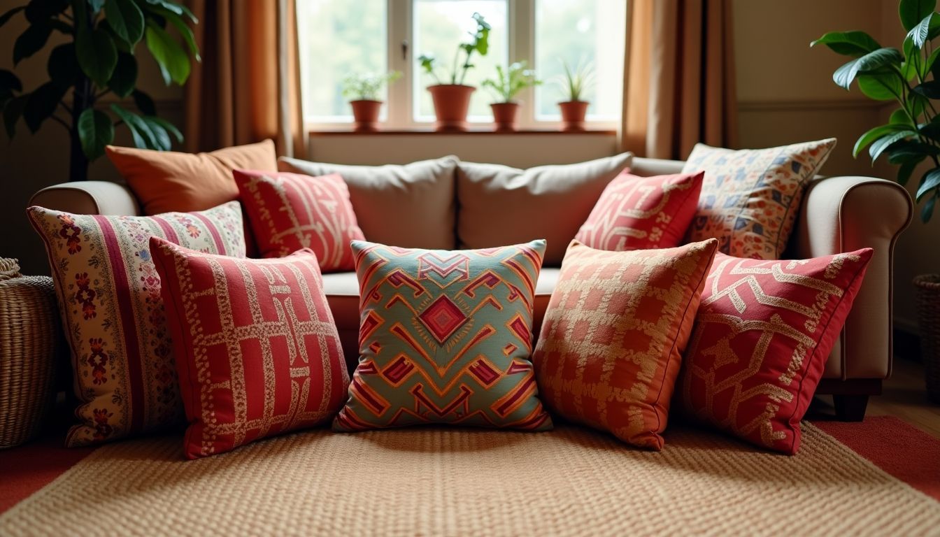 Eine Sammlung von farbenfrohen, ethnisch inspirierten Kissen auf einem gemütlichen Teppich in einem Boho-Wohnzimmer.
