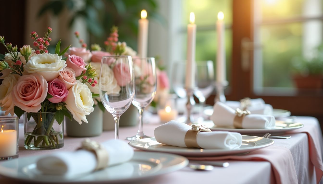 Eine schön dekorierte Hochzeitstafel mit Pastell- und Kontrastfarben.