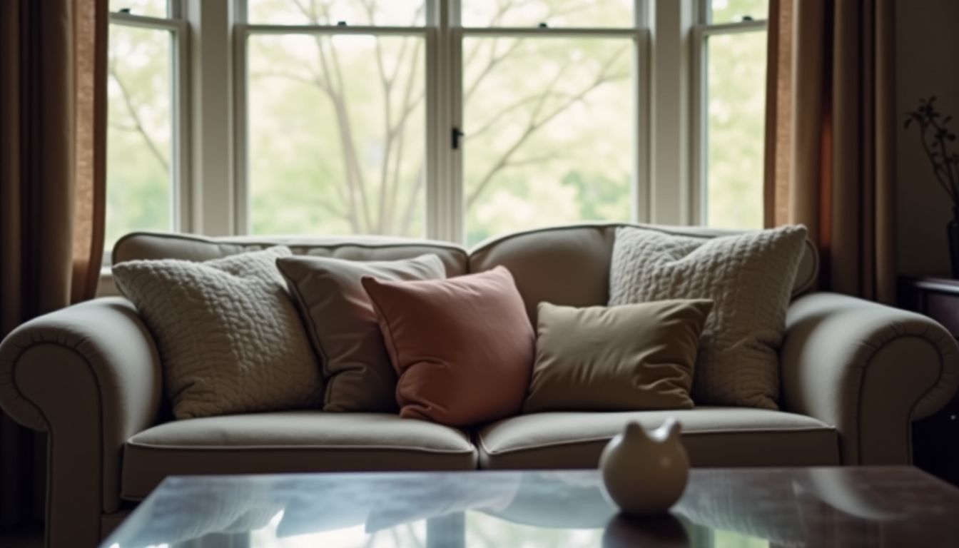 Ein gemütliches Wohnzimmer mit einem Sofa und passender Einrichtung.