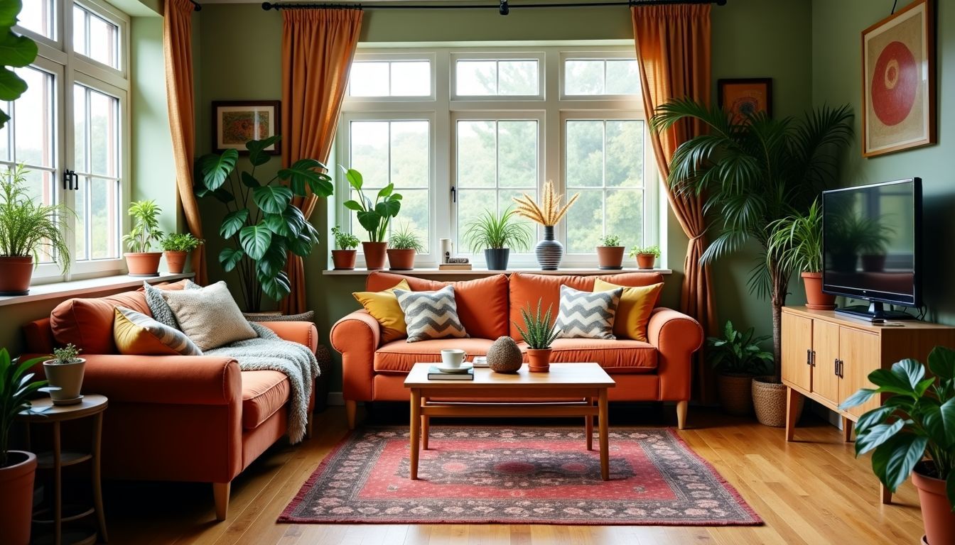 Ein gemütliches Wohnzimmer mit Bohème-Dekor und Pflanzen. Ein gemütliches Wohnzimmer mit Bohème-Dekor und Pflanzen.