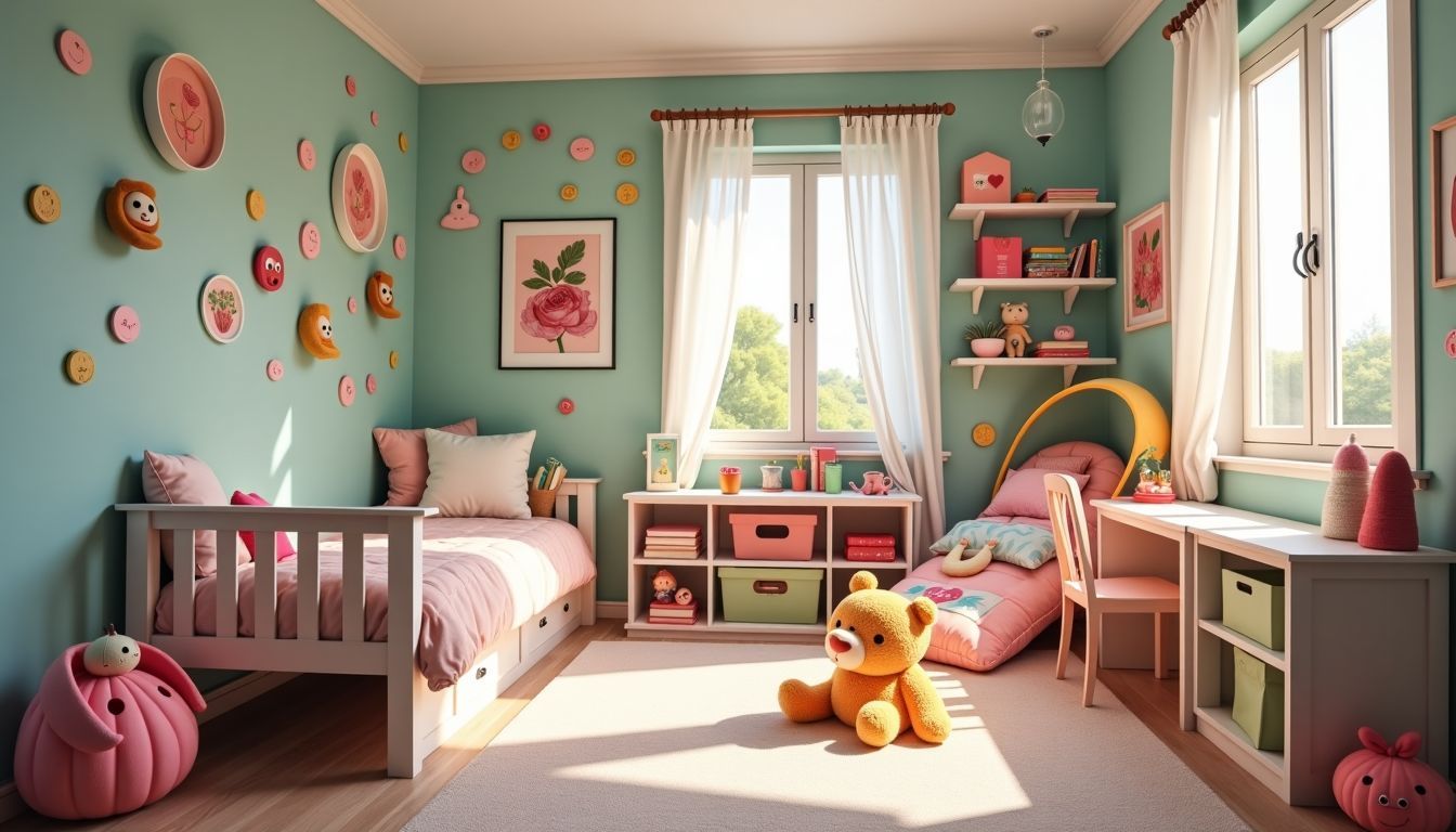 Ein kinderzimmer voller kreativer und spielerischer dekorationen.