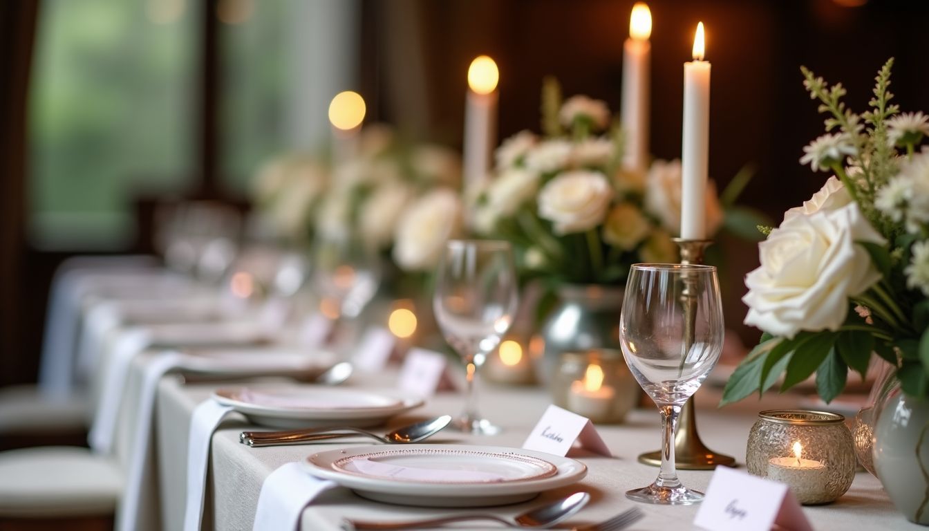 Eine schön gestaltete Hochzeitstafel mit personalisierten Namenskarten und frischen Blumen.