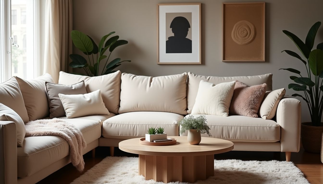 Eine gemütliche Wohnzimmerdekoration mit faux Pelz Accessoires und modernen Elementen.