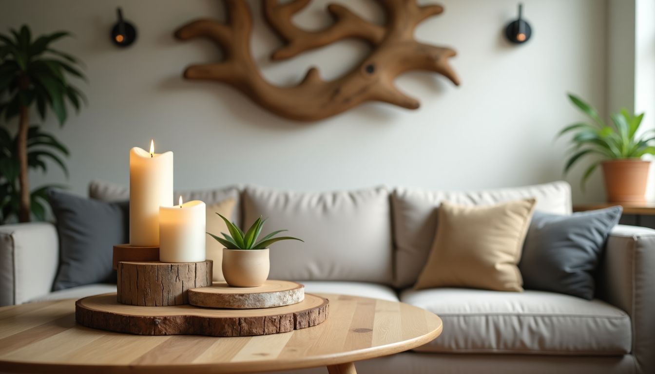 Ein gemütliches Wohnzimmer mit rustikalen Holzdekorationen in natürlicher Beleuchtung.