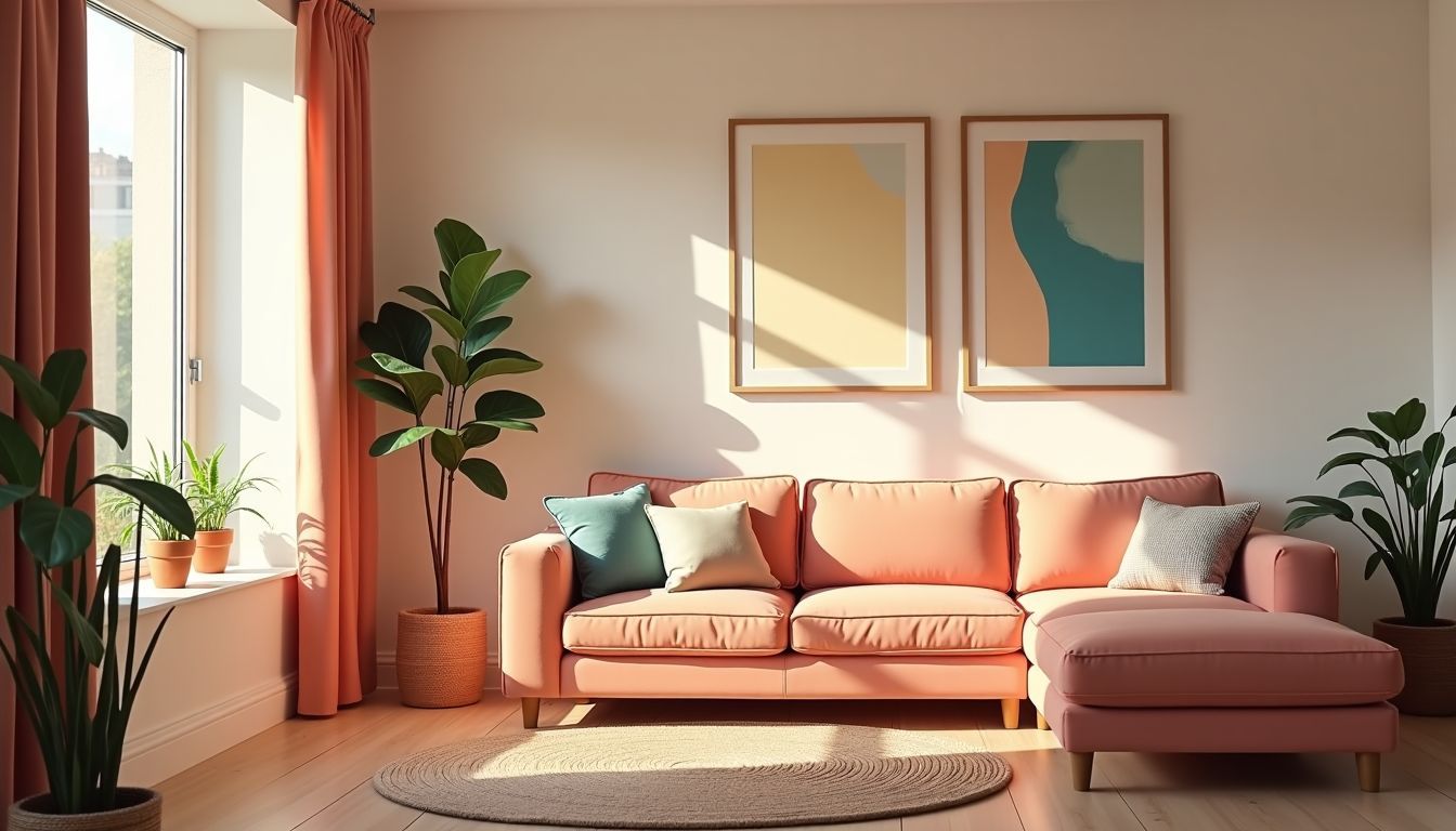 Einladendes, gemütliches Wohnzimmer mit warmen Farben und weichen Textilien. Einladendes, gemütliches Wohnzimmer mit warmen Farben und weichen Textilien.
