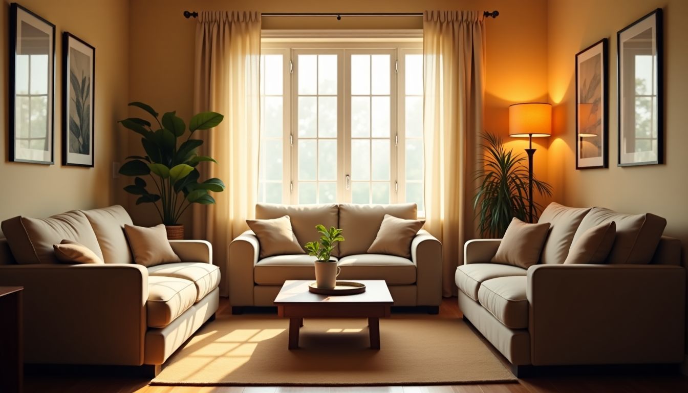 Ein gemütliches Wohnzimmer mit natürlicher Beleuchtung und warmen Farbtönen.
