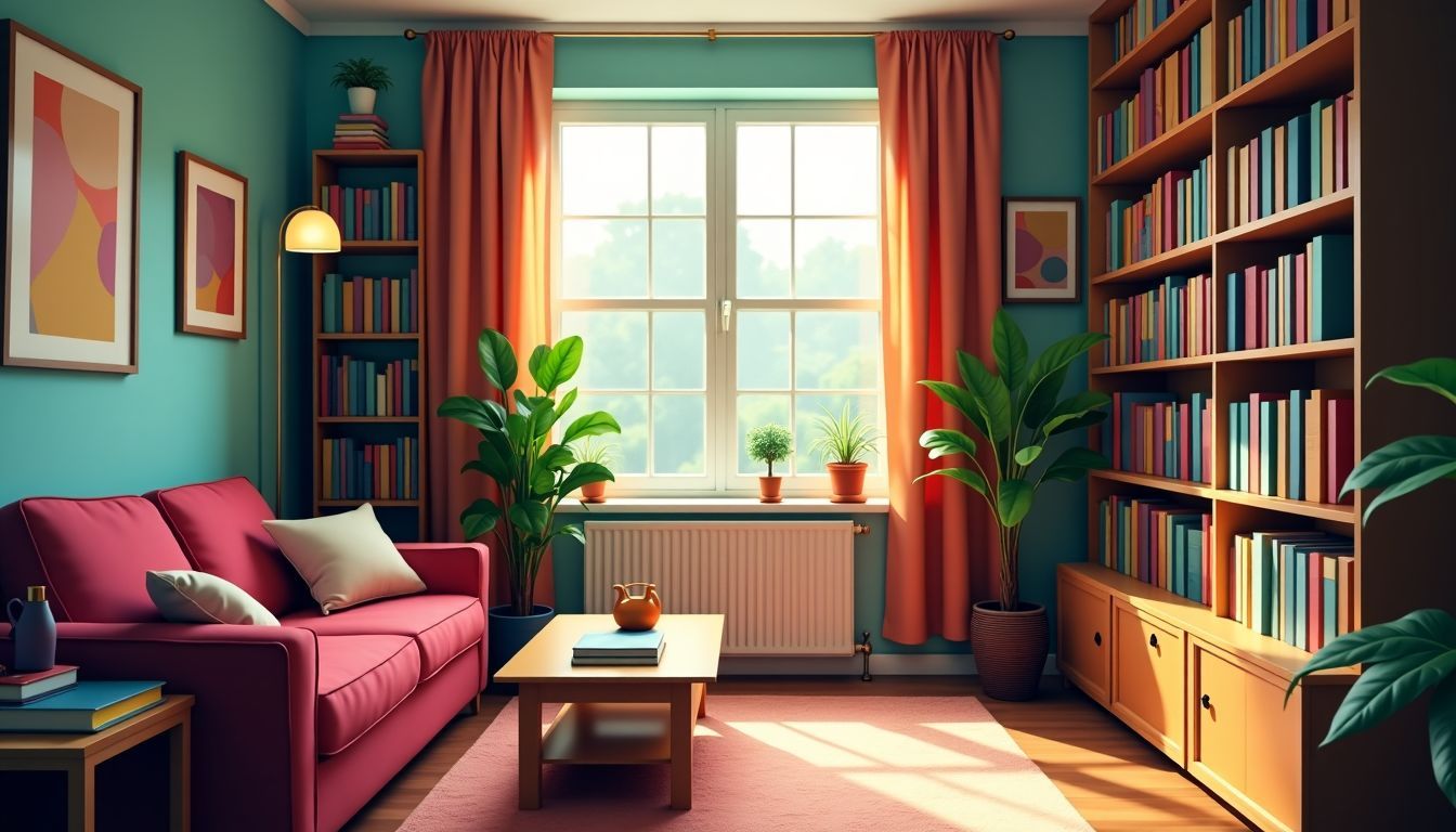 Gemütliches Wohnzimmer mit bunten Büchern.