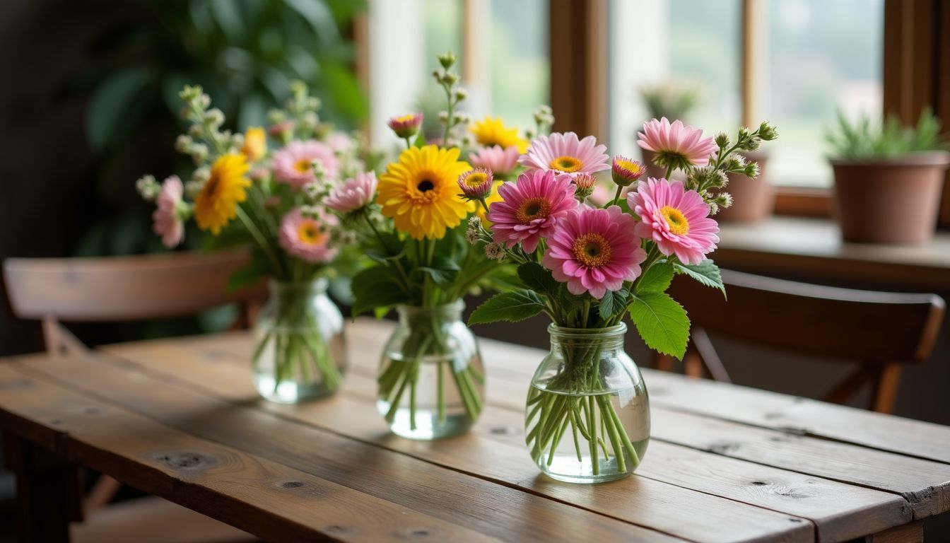 Ein rustikaler Holztisch mit farbenfrohen Blumenarrangements als Mittelpunkt.
