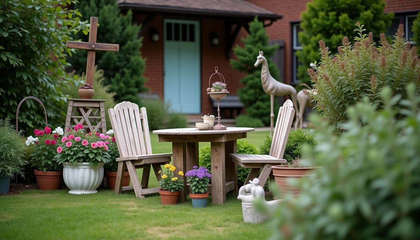 Ein nostalgischer Garten mit rustikalen Dekorationen und üppigem Grün.