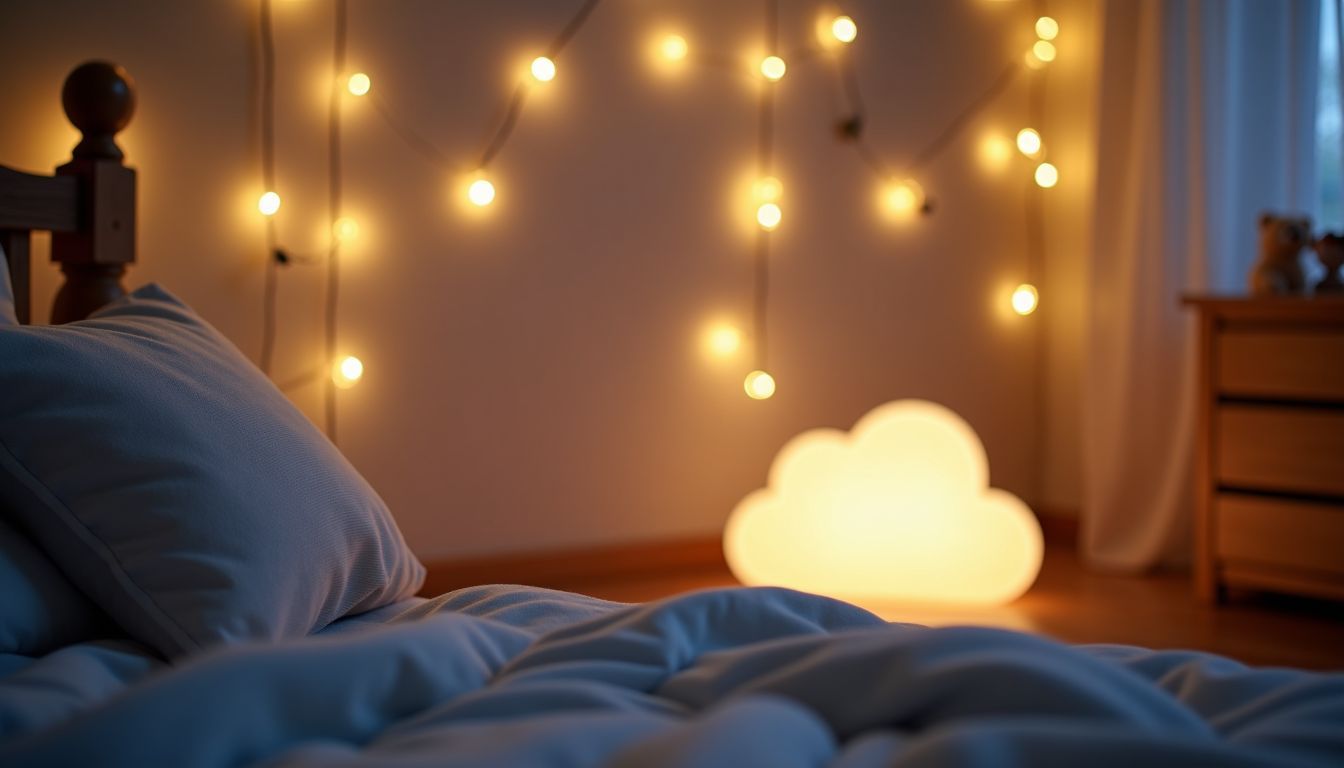 Ein gemütliches Kinderzimmer mit weichem Licht und Nachtlicht.
