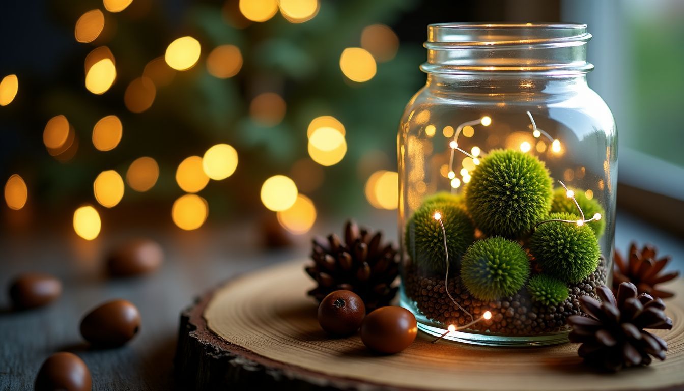 Ein Glasgefäß mit Moos und natürlichen Dekorationen in warmem Licht. Ein Glasgefäß mit Moos und natürlichen Dekorationen in warmem Licht.