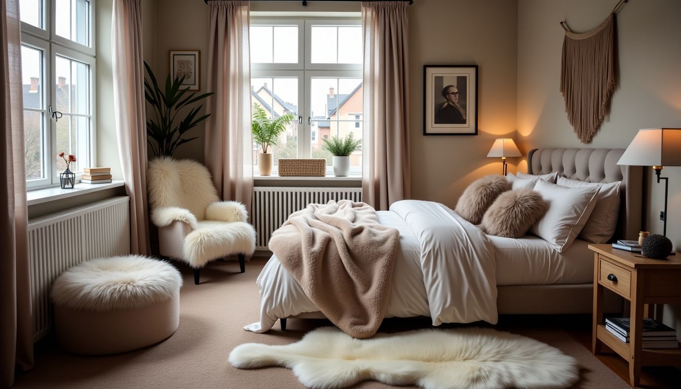 Ein gemütliches Schlafzimmer mit verschiedenen Kunstpelz-Dekorationselementen.