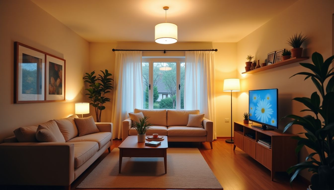 Ein gemütliches und helles Wohnzimmer mit natürlicher Beleuchtung.