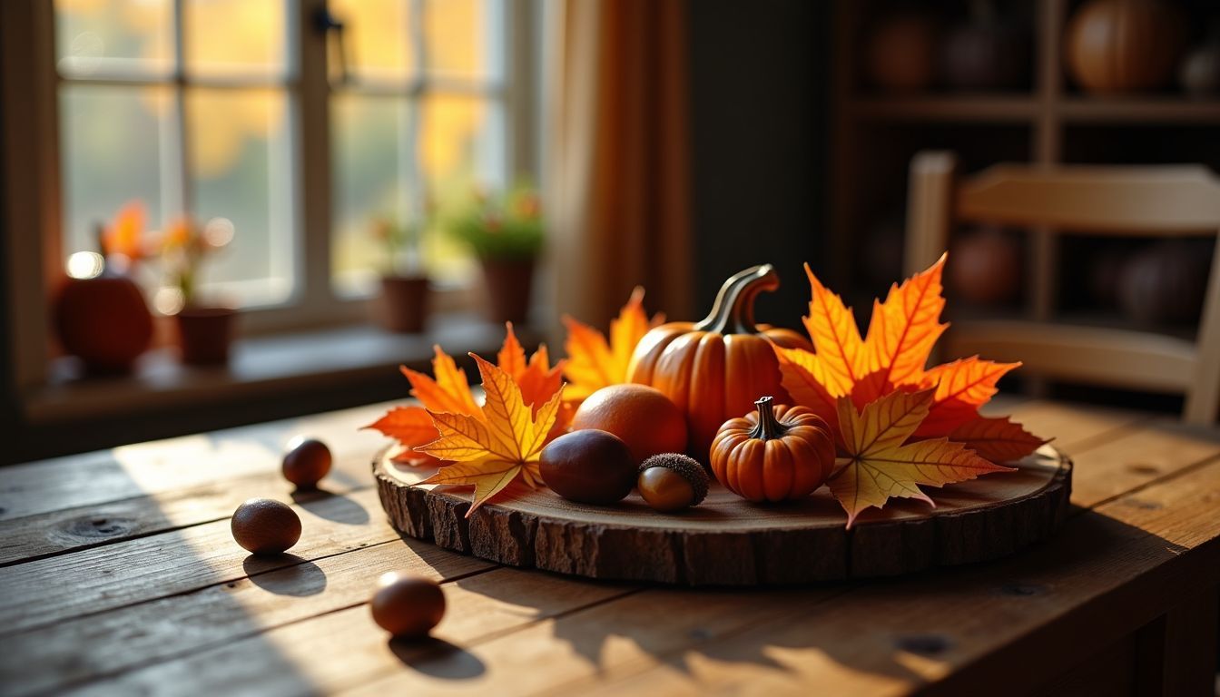 Ein gemütliches Herbstdisplay auf einem rustikalen Holztisch.